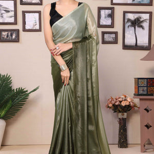 Mehendi Green Solid Printed Chiffon Ready To Wear Ombre Saree