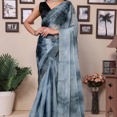 Grey Printed With Diamond Work Zimmi Choo Organza Ready To Wear Saree