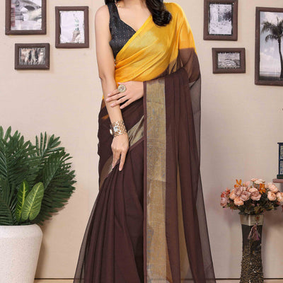 Brown & Yellow Solid With Zari Woven Border Chiffon Ready To Wear Ombre Saree