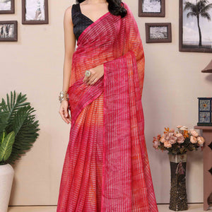 Magenta & Orange Striped Zari With Digital Printed Georgette Ready To Wear Saree