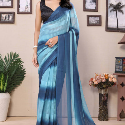 Blue Striped Zari With Digital Printed Georgette Ready To Wear Saree