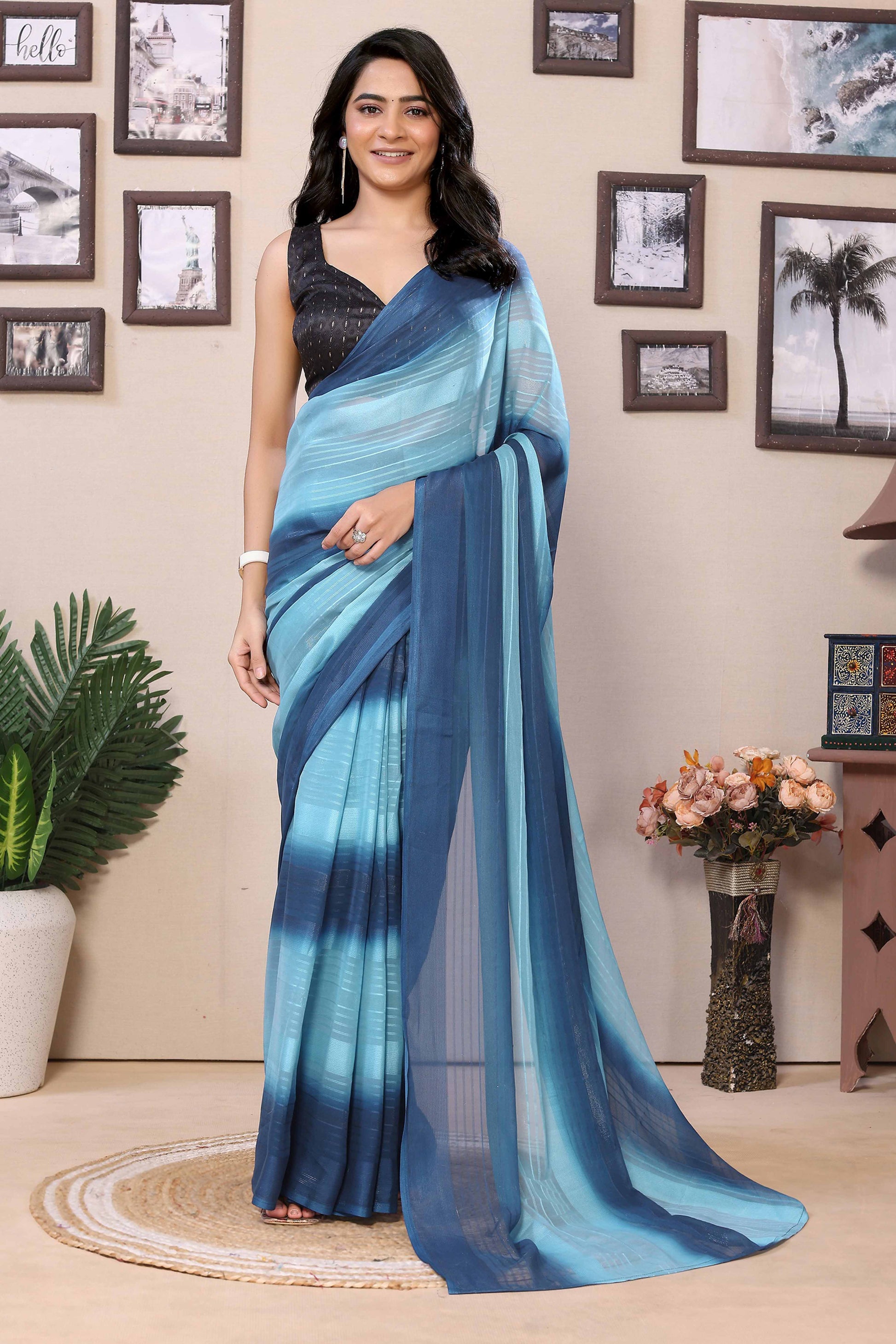 Blue Striped Zari With Digital Printed Georgette Ready To Wear Saree