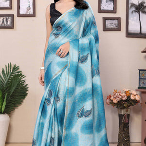 Blue Woven With Printed Silk Ready To Wear Saree