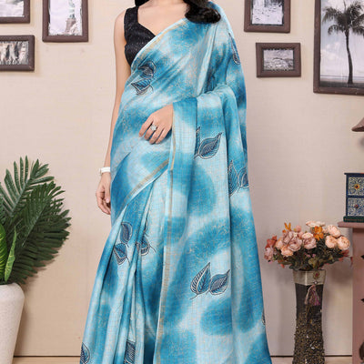 Blue Woven With Printed Silk Ready To Wear Saree