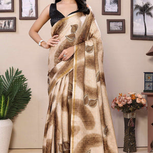 Brown Woven With Printed Silk Ready To Wear Saree