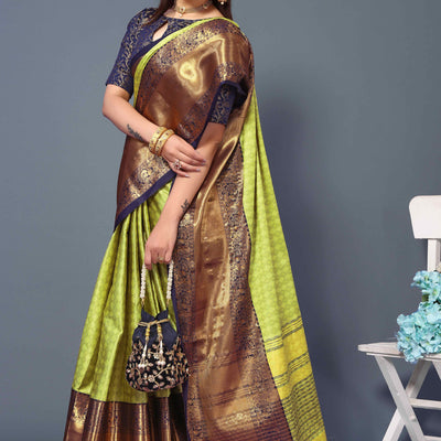 Lemon Green Zari Weaving Cotton Silk Saree