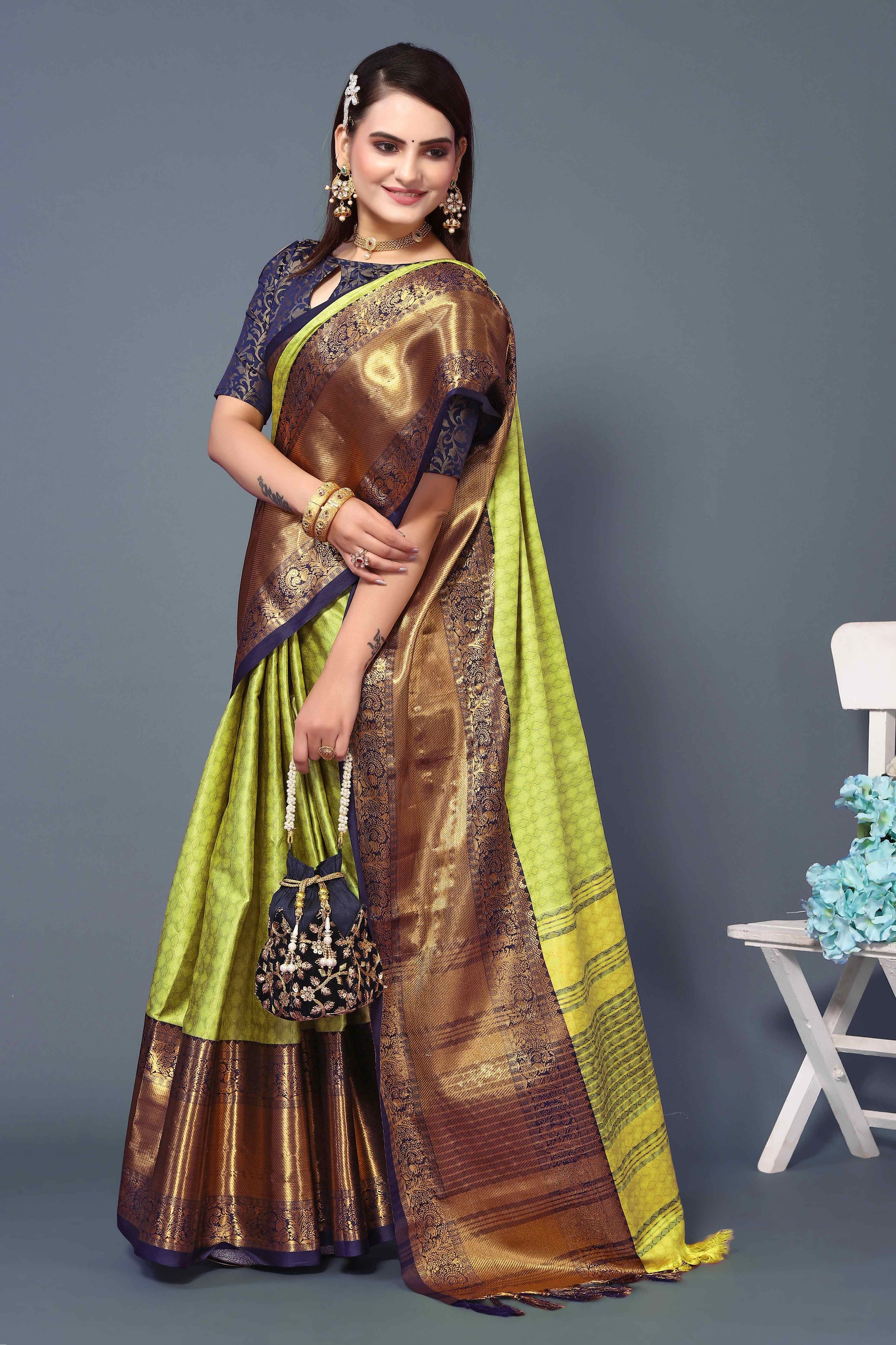 Lemon Green Zari Weaving Cotton Silk Saree