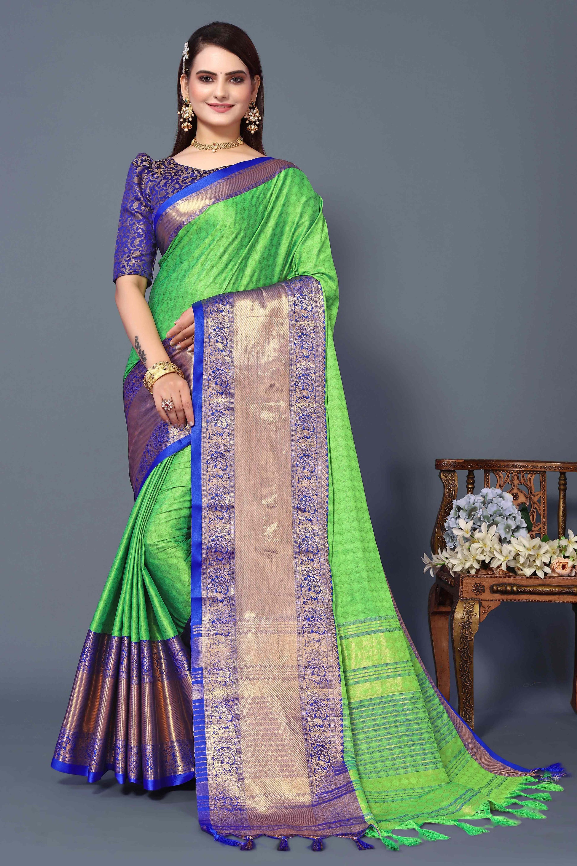 Fresh Green Zari Weaving Cotton Silk Saree
