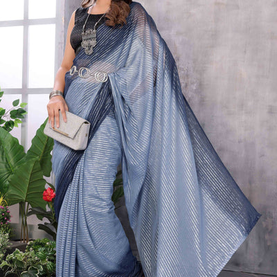 Grey Striped Zari Woven Art Silk Ready To Wear Saree