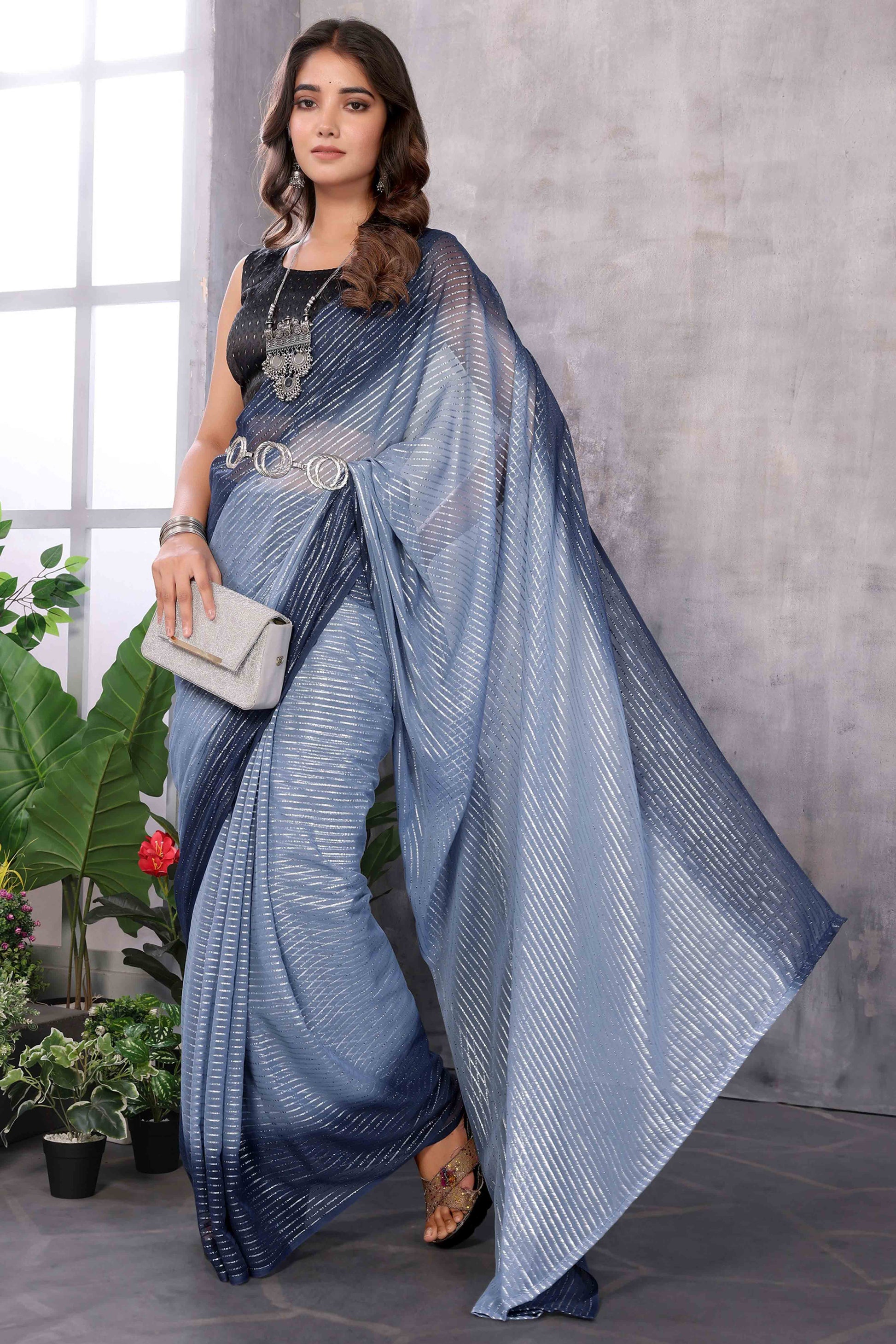 Grey Striped Zari Woven Art Silk Ready To Wear Saree