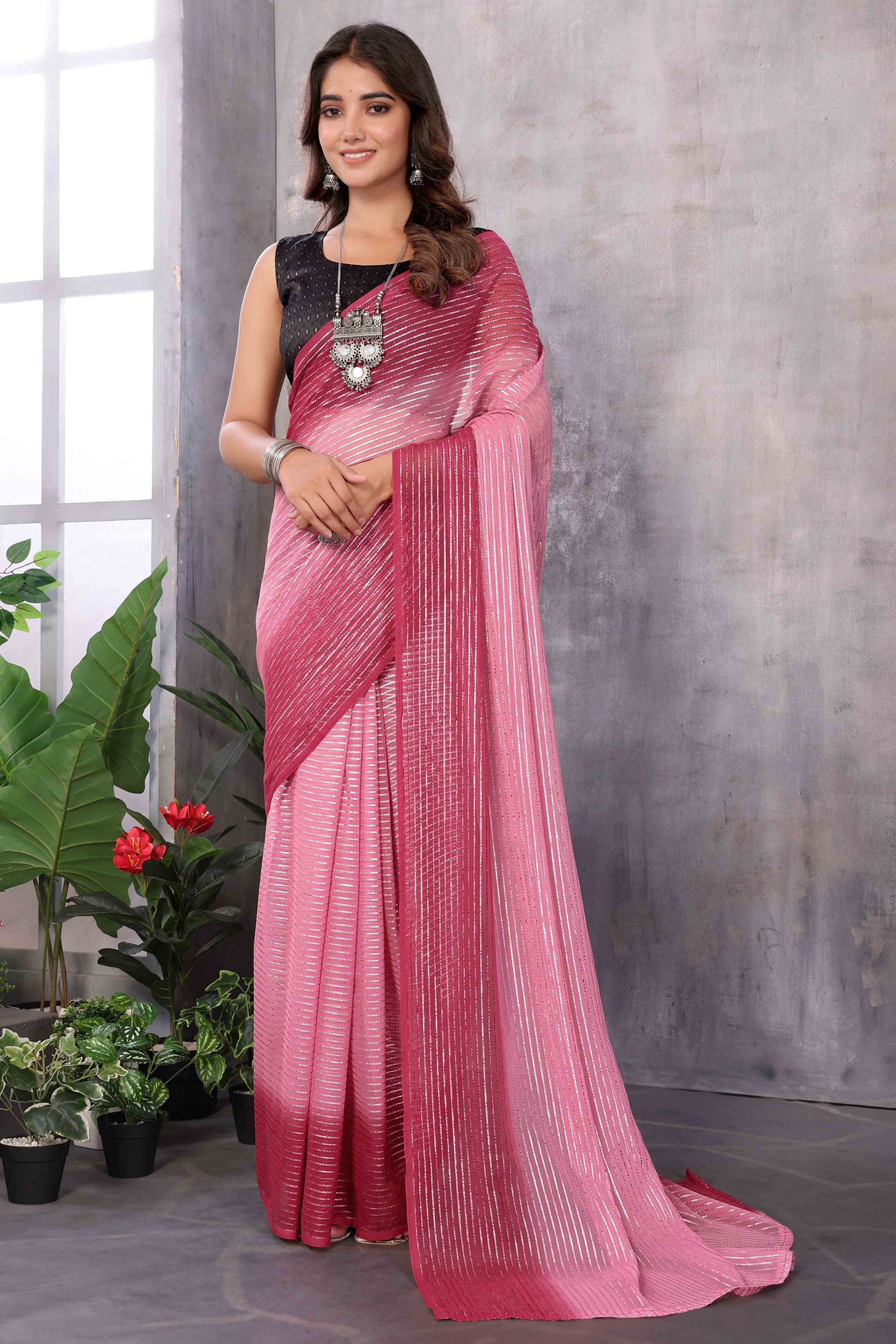 Maroon Striped Zari Woven Art Silk Ready To Wear Saree