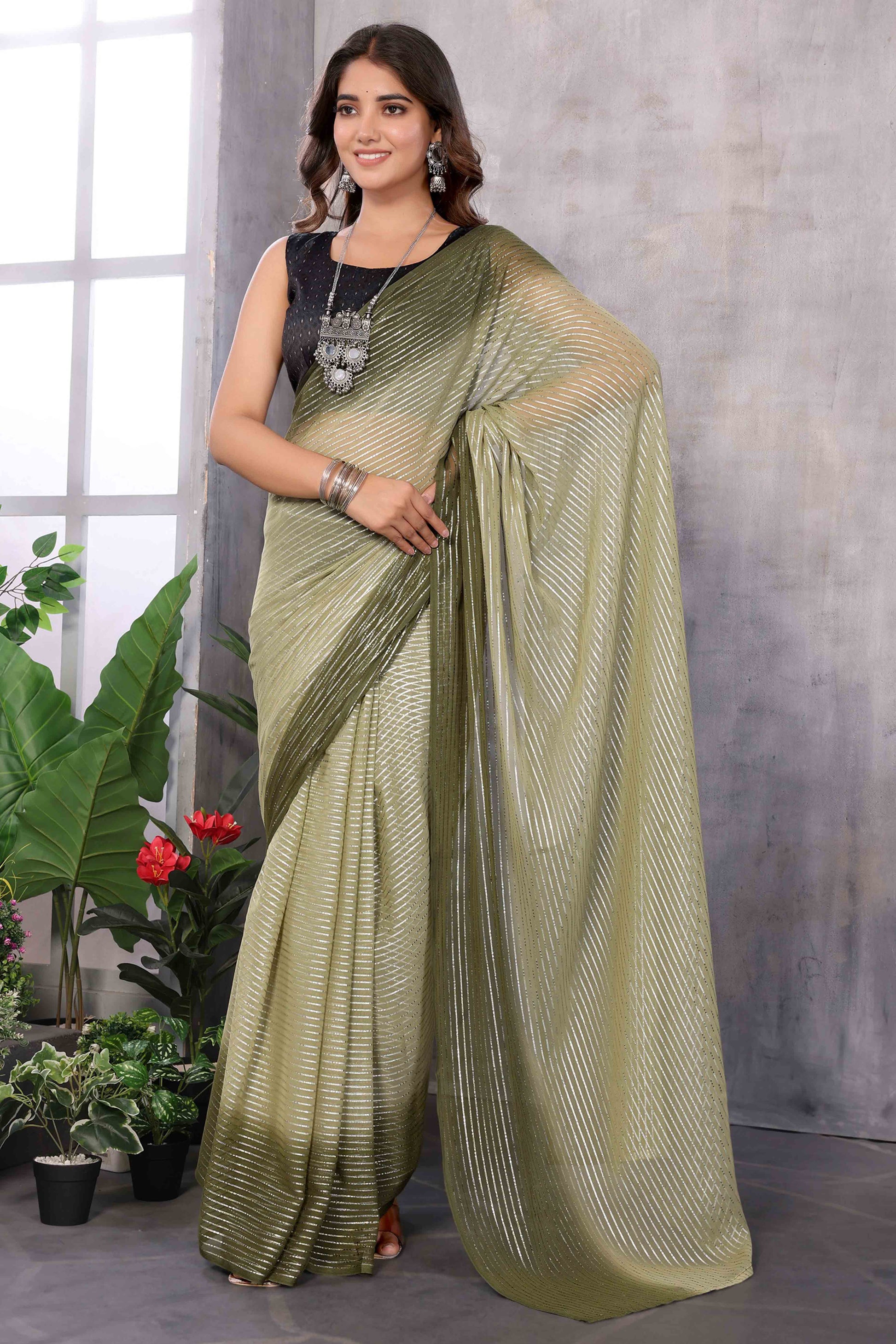 Mehendi Green Striped Zari Woven Art Silk Ready To Wear Saree