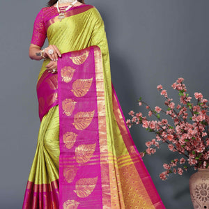 Lime Yellow Zari Weaving Cotton Silk Saree