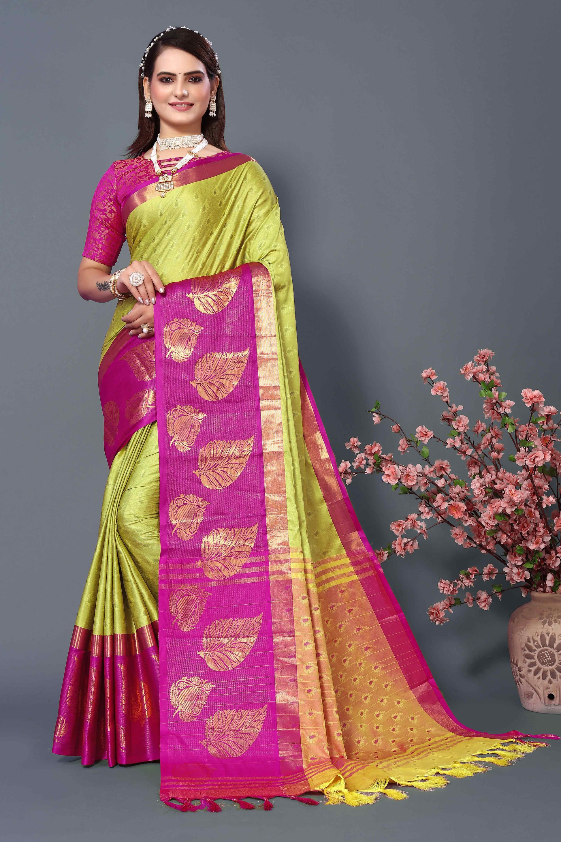 Lime Yellow Zari Weaving Cotton Silk Saree