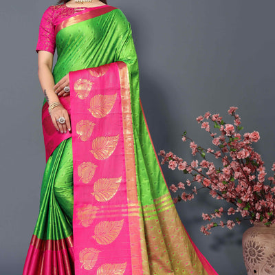 Lemon Green Zari Weaving Cotton Silk Saree