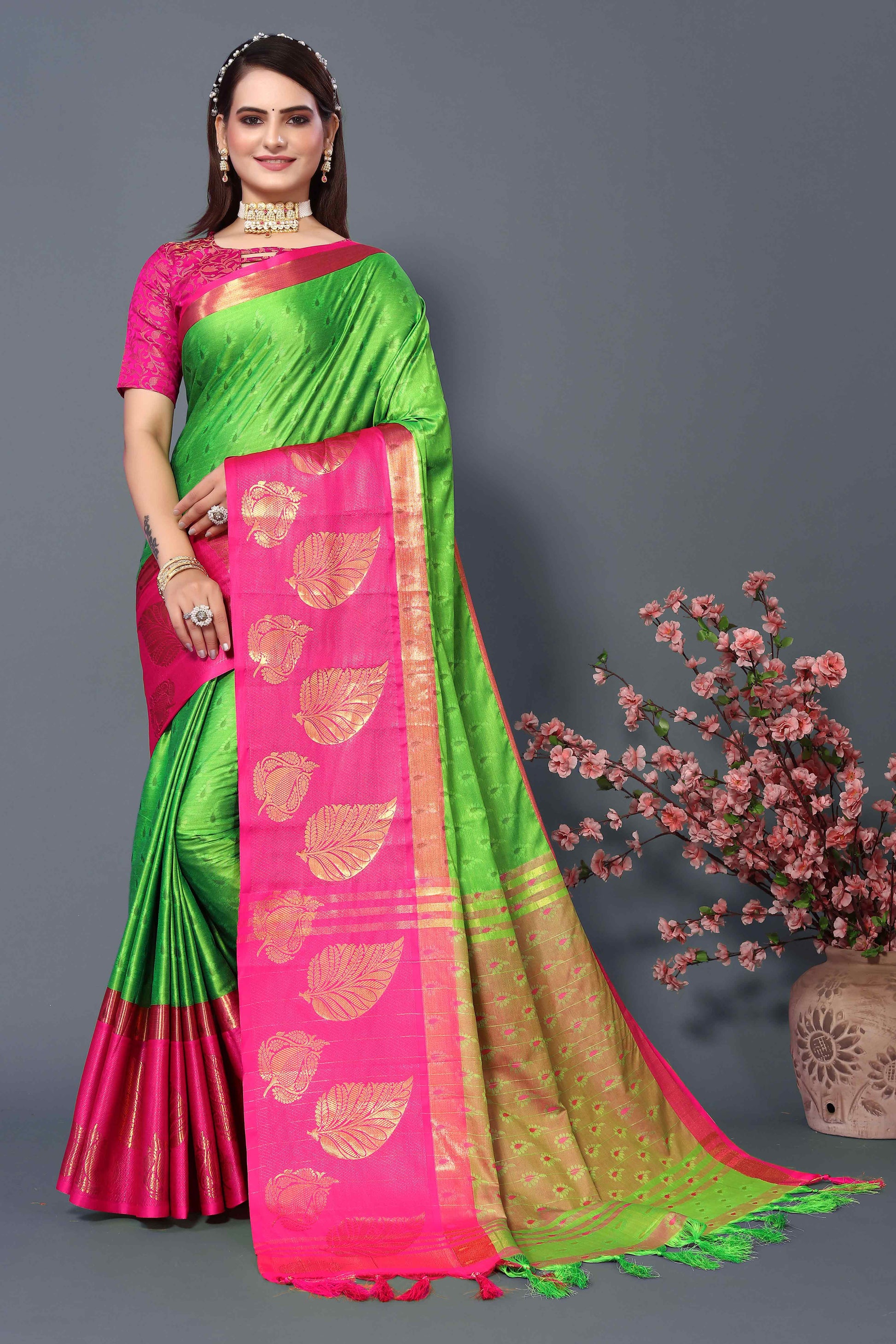 Lemon Green Zari Weaving Cotton Silk Saree