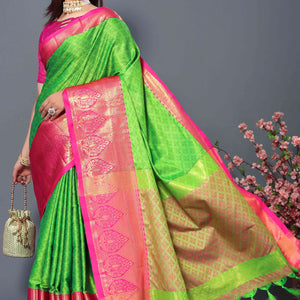 Lemon Green Zari Weaving Cotton Silk Saree