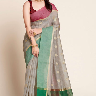 Grey Zari Weaving Cotton Silk Saree