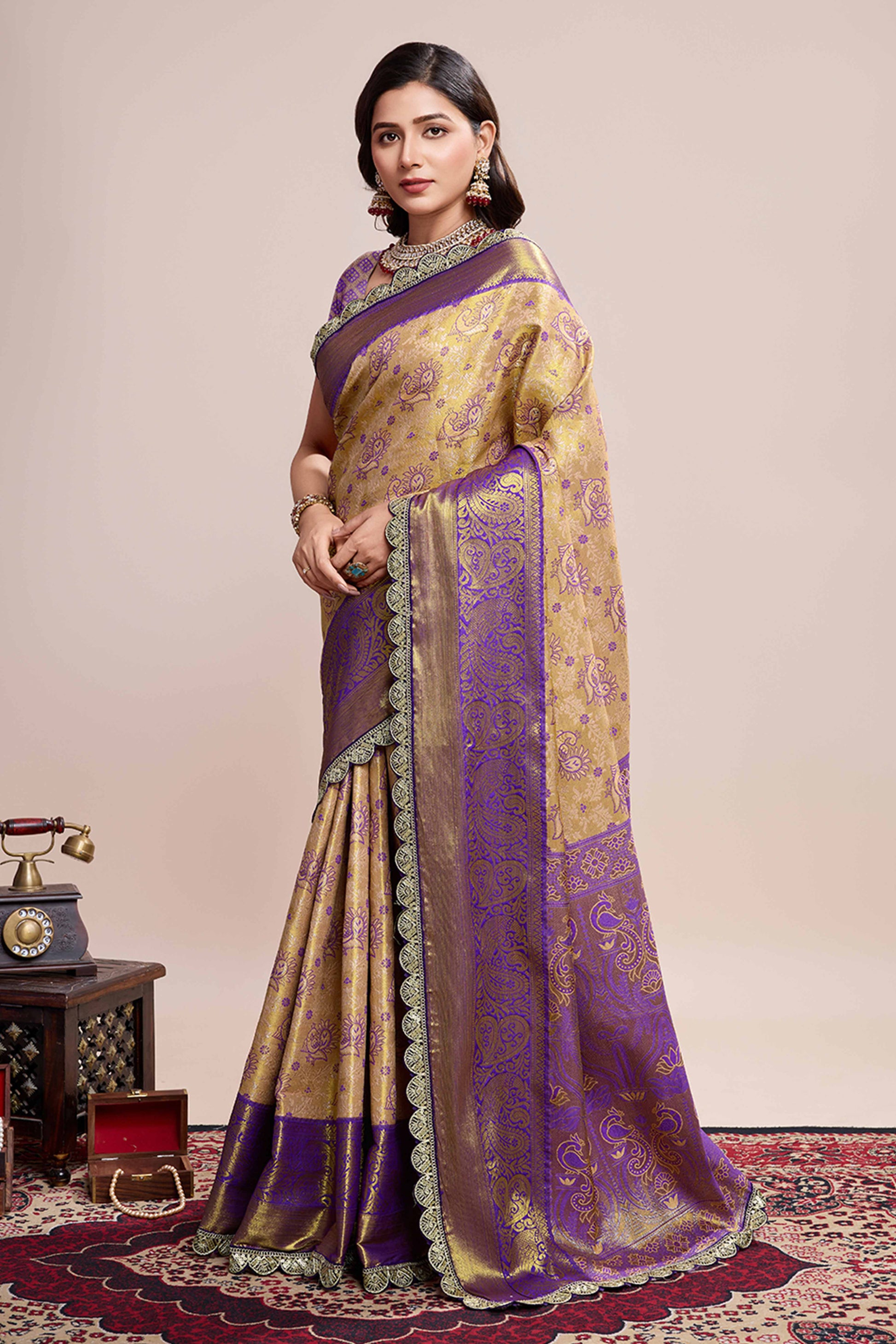 Dark Beige Zari Weaving Kanjivaram Silk Saree