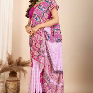Light Purple Digital Print with Embroidery Work Muslin Saree