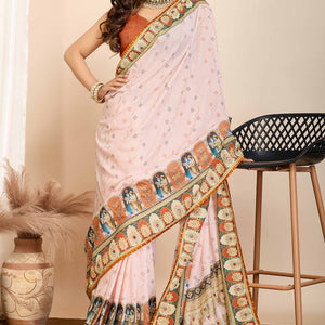 Cream Digital Print with Embroidery Work Muslin Saree