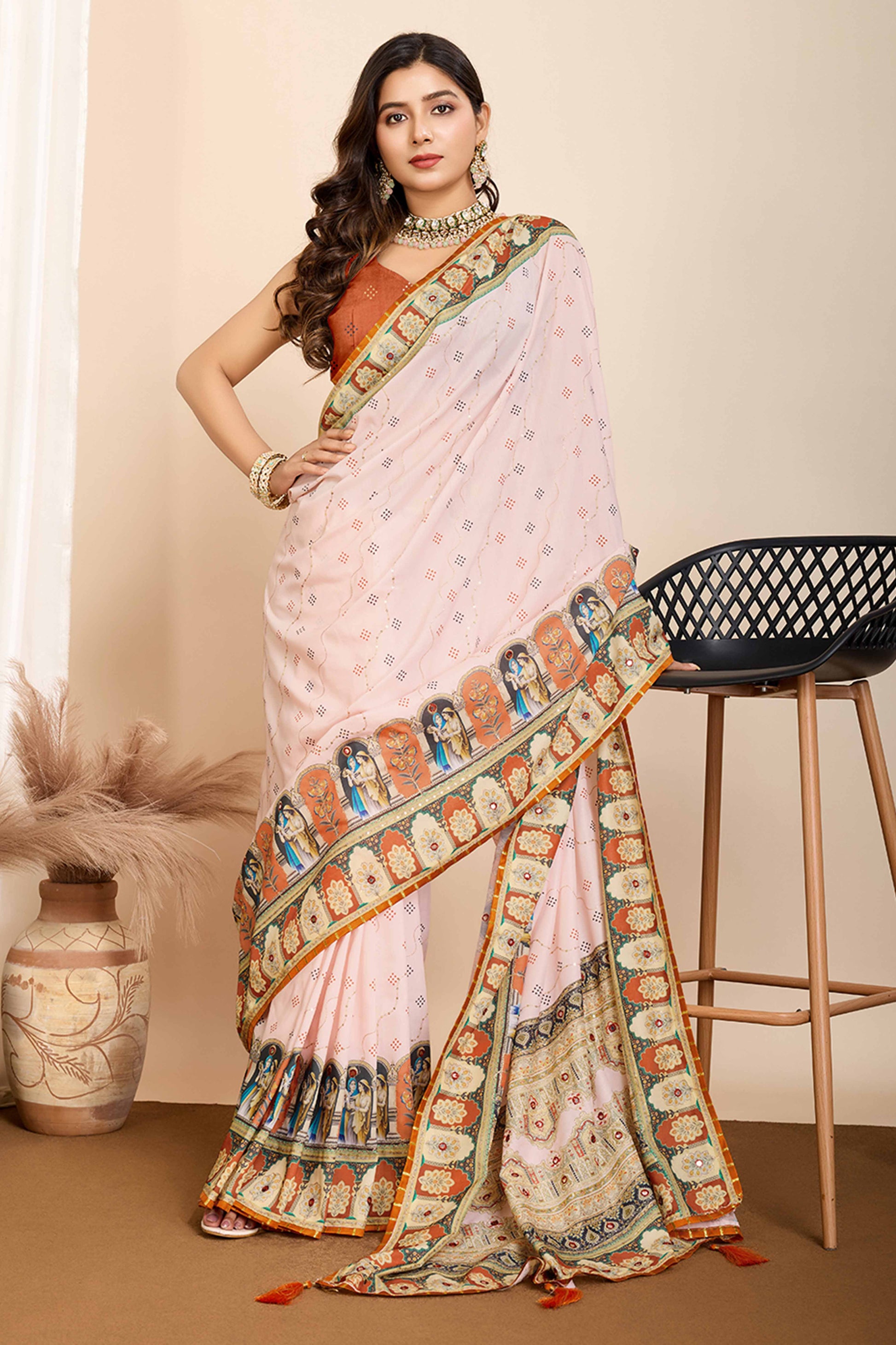 Cream Digital Print with Embroidery Work Muslin Saree