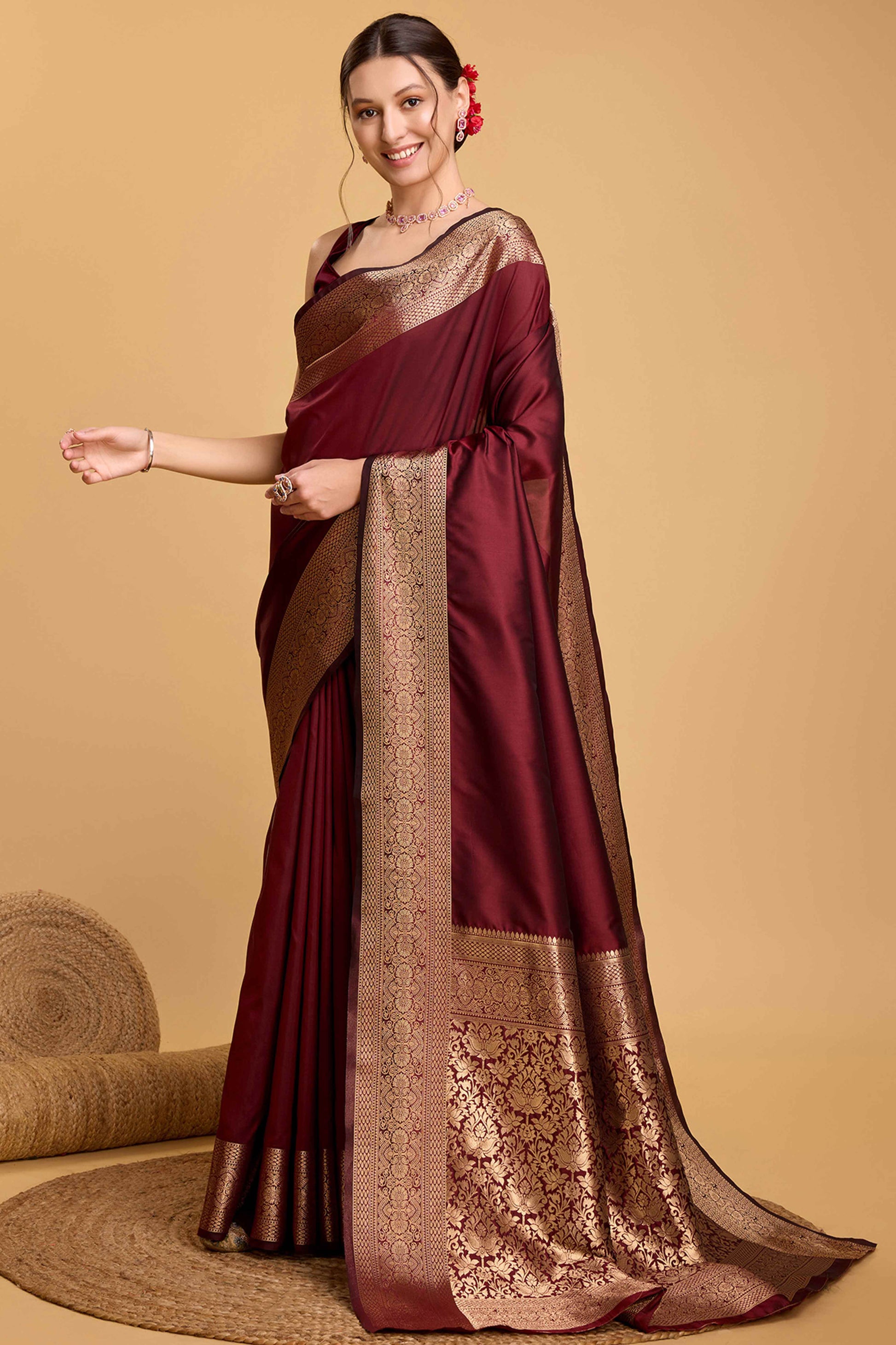 Maroon Zari Weaving Banarasi Silk Saree
