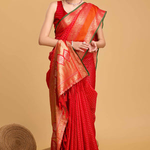 Cherry Red Zari Weaving Banarasi Silk Saree