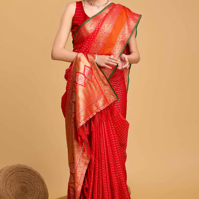 Cherry Red Zari Weaving Banarasi Silk Saree