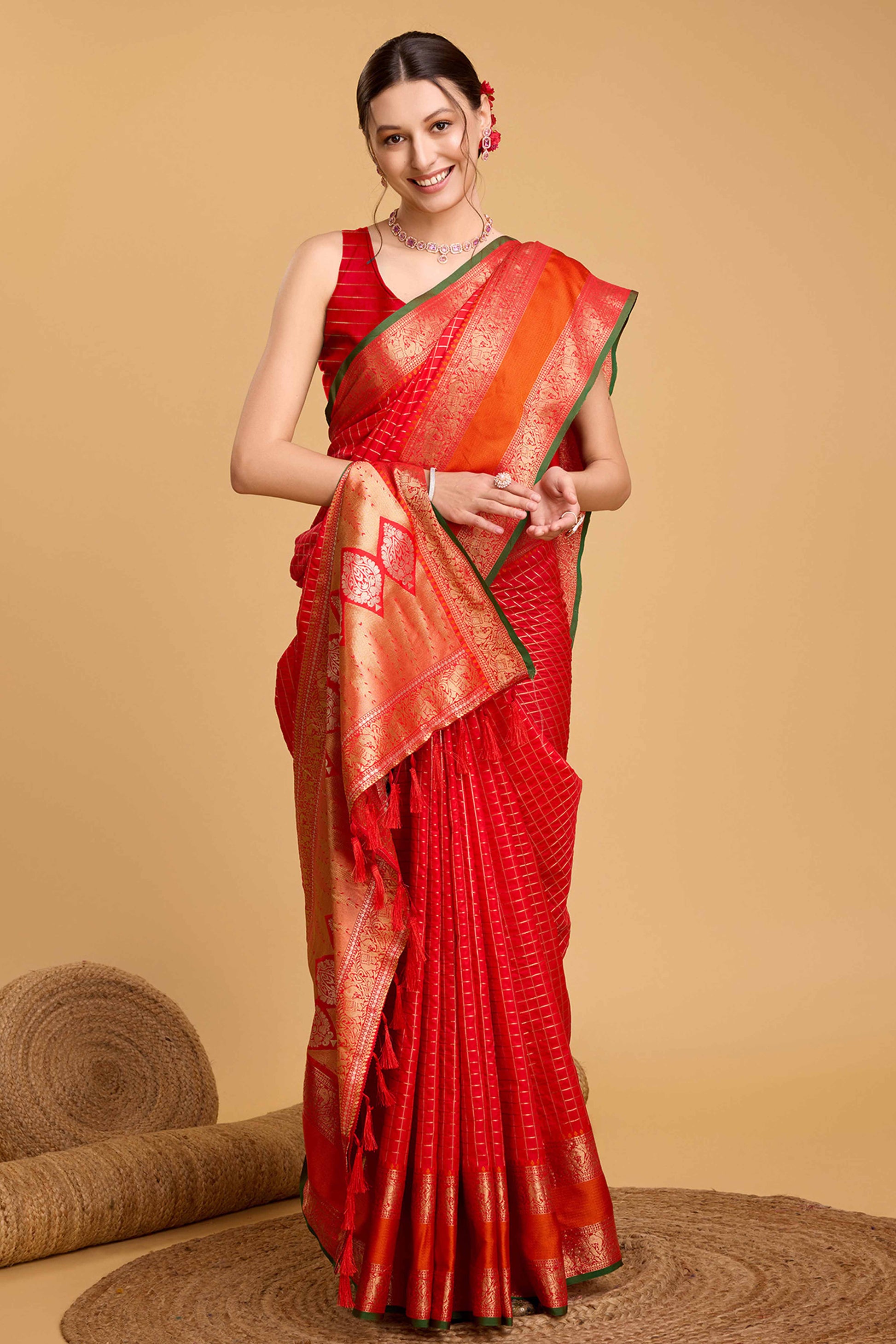 Cherry Red Zari Weaving Banarasi Silk Saree