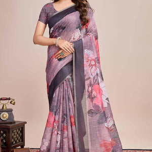 Dusky Purple Floral Printed Linen Saree