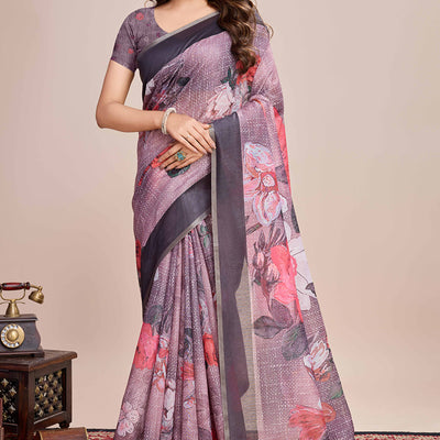 Dusky Purple Floral Printed Linen Saree
