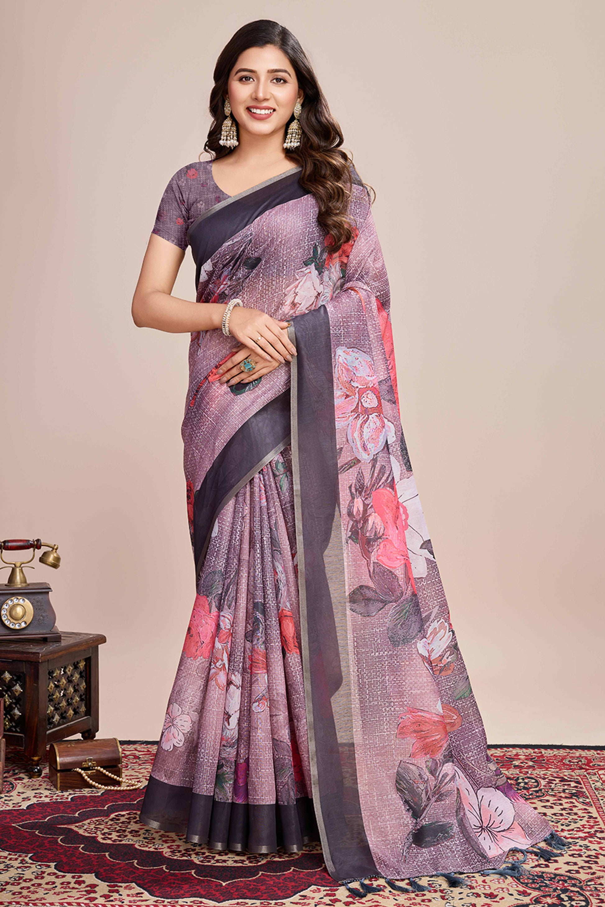 Dusky Purple Floral Printed Linen Saree