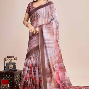 Coffee Brown Floral Printed Linen Saree