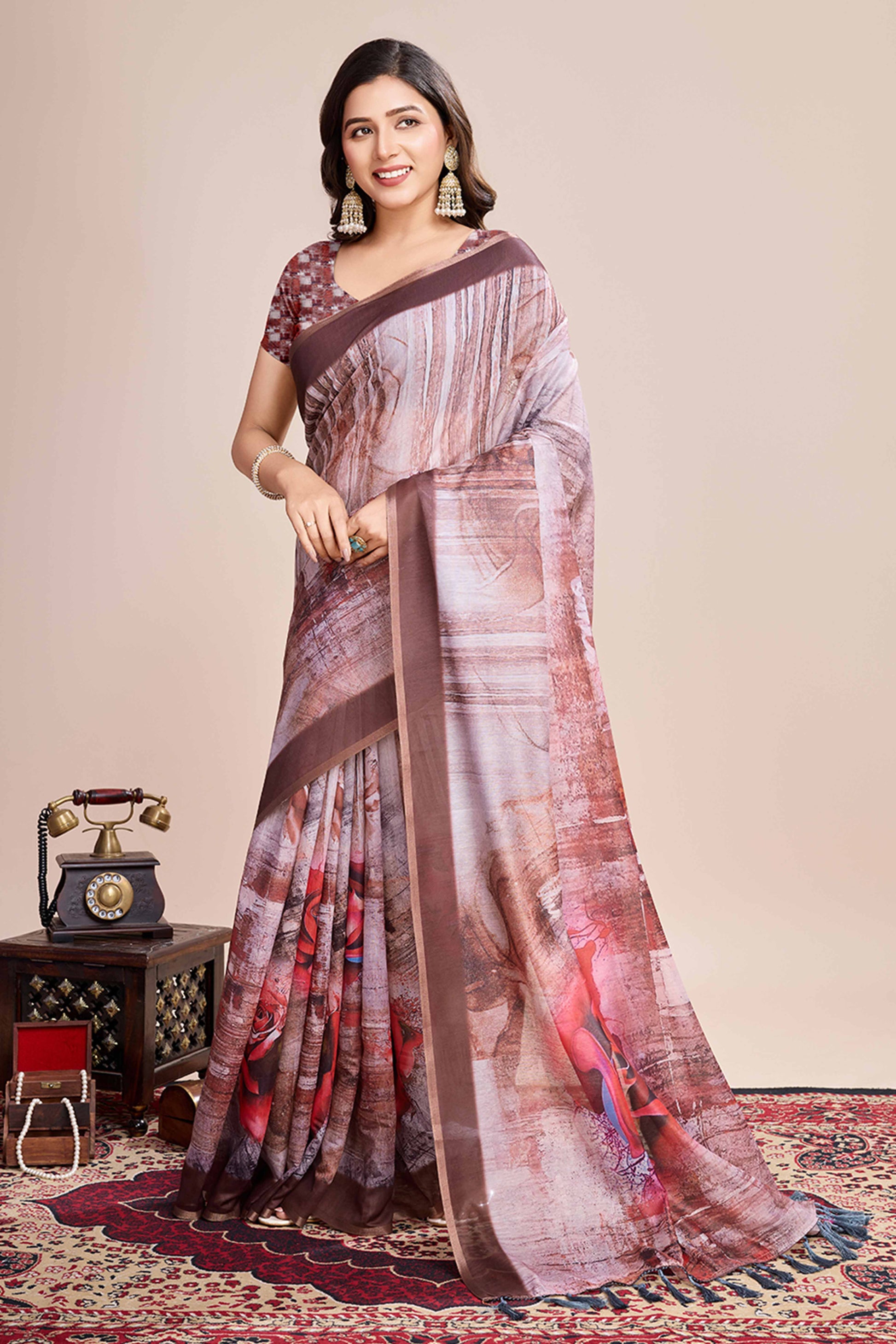 Coffee Brown Floral Printed Linen Saree