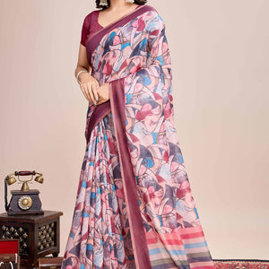 Multicolor Floral Printed Linen Saree
