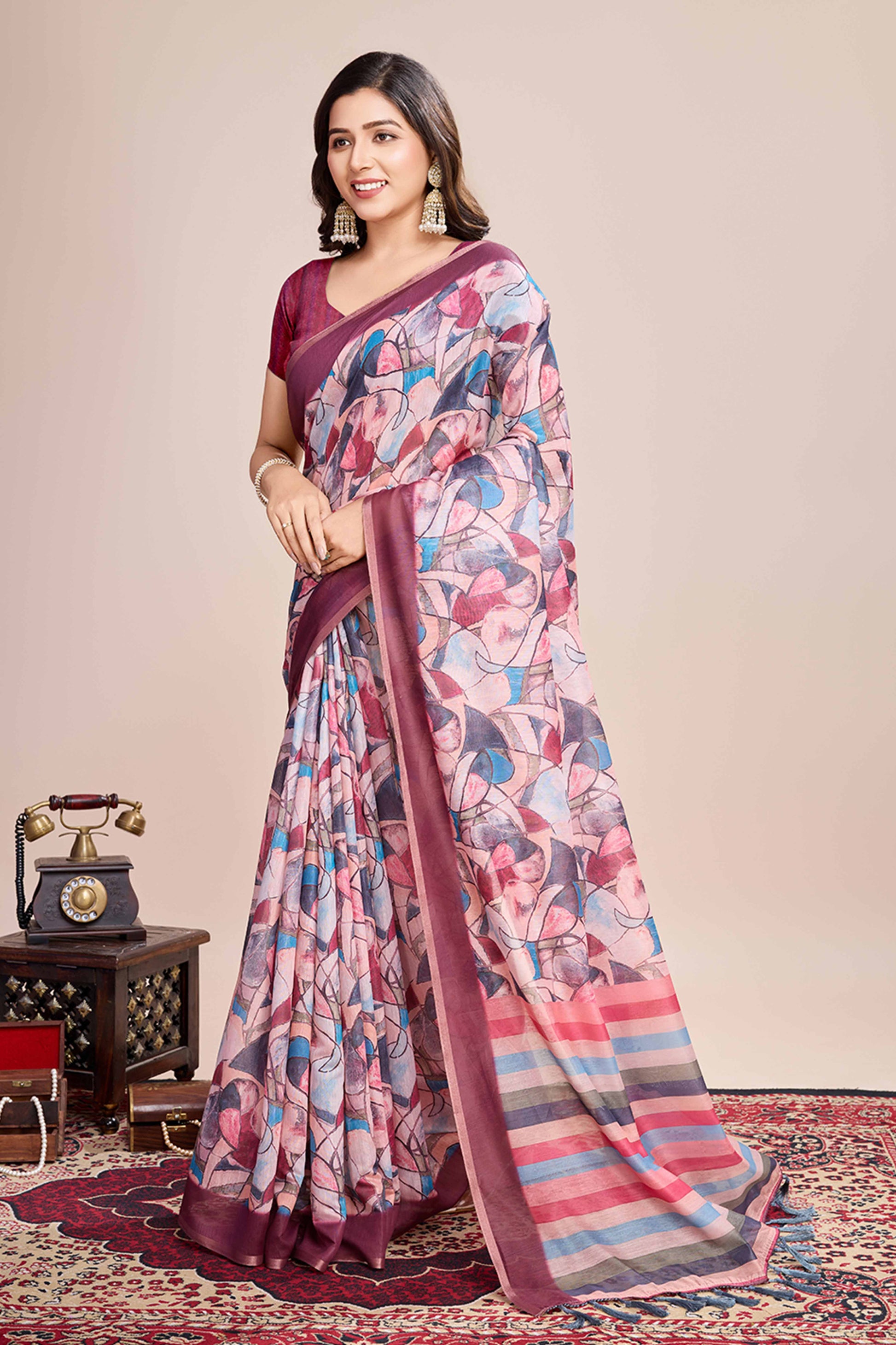 Multicolor Floral Printed Linen Saree
