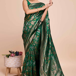 Dark Green Zari Weaving Pure Silk Saree