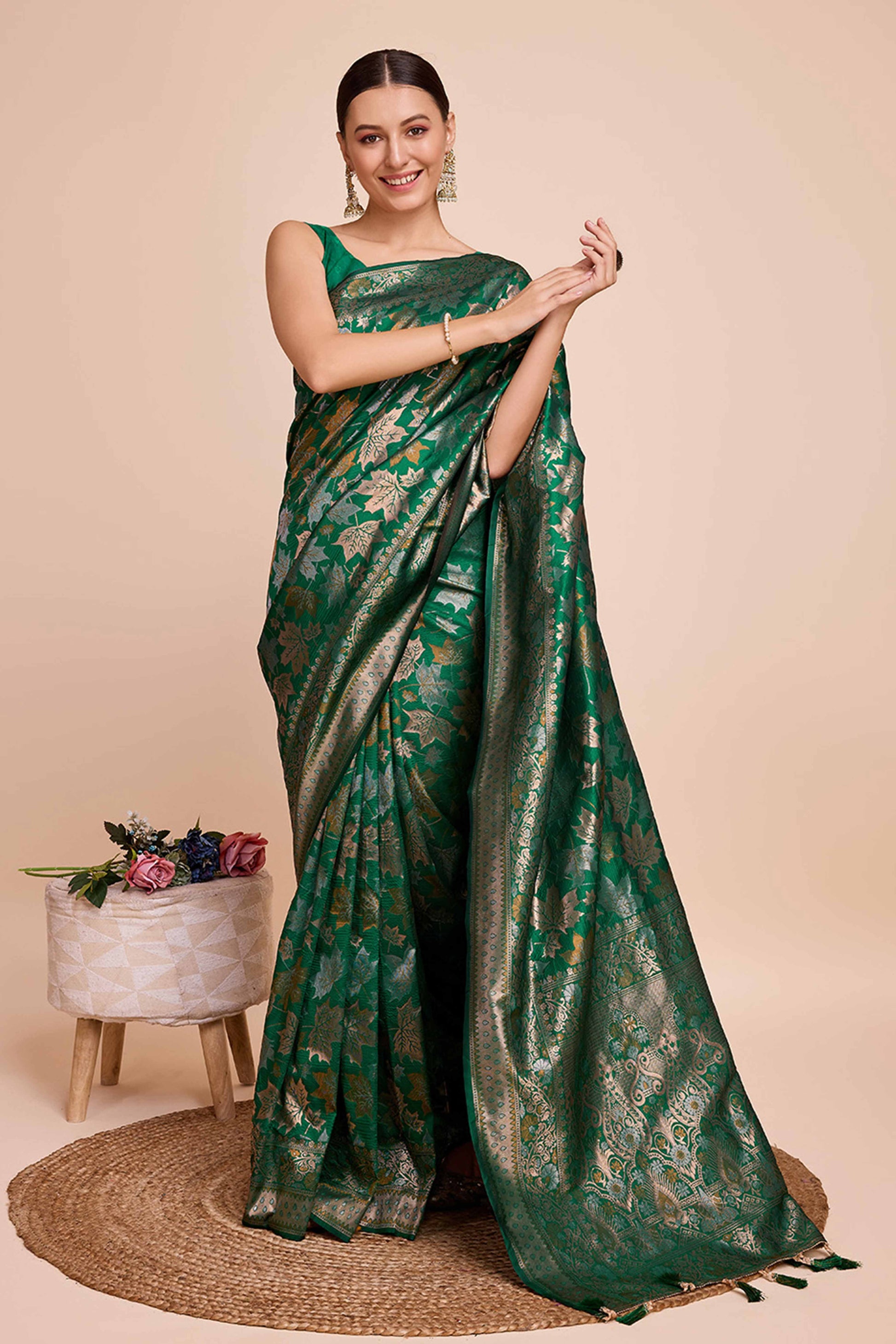 Dark Green Zari Weaving Pure Silk Saree