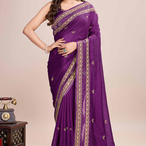 Magenta Floral Embroidered Vichitra Silk Saree