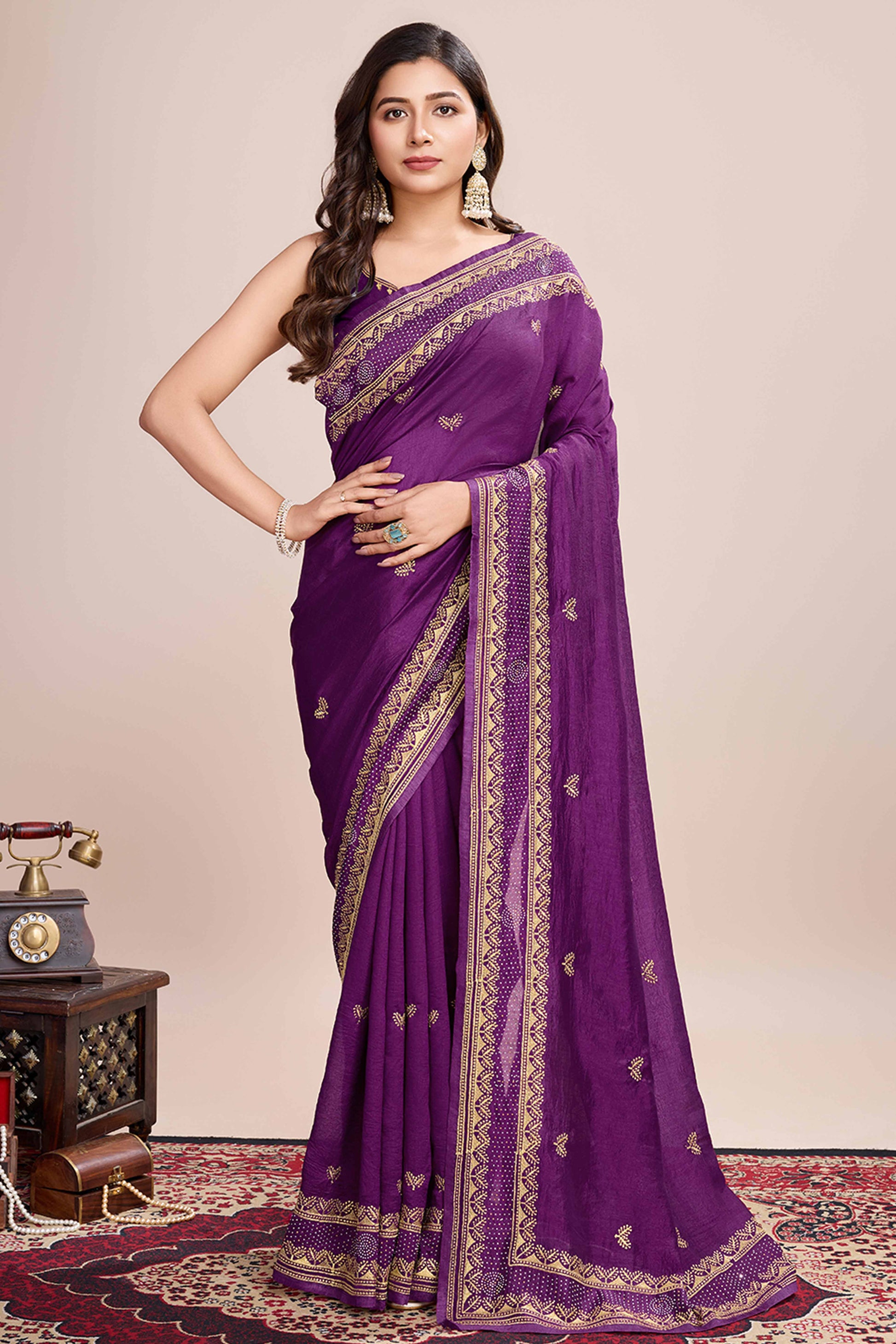 Magenta Floral Embroidered Vichitra Silk Saree