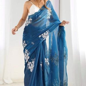 Blue Sequins Floral Embroidered Organza Saree