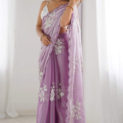 Lavender Sequins Floral Embroidered Organza Saree