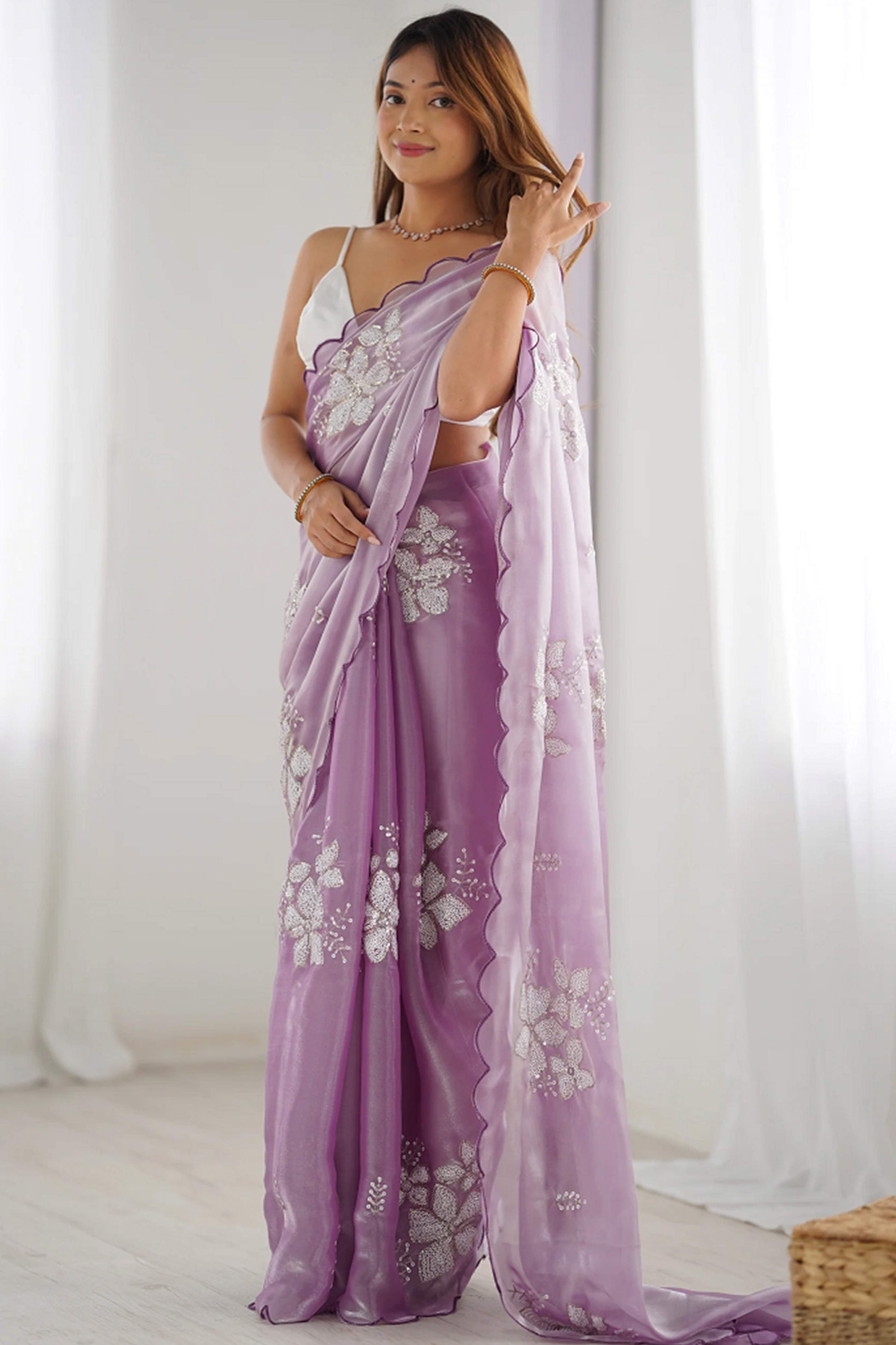 Lavender Sequins Floral Embroidered Organza Saree