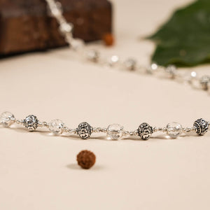 SPHATIK DIAMOND CUT BEADS WITH OM SILVER BEADS MALA