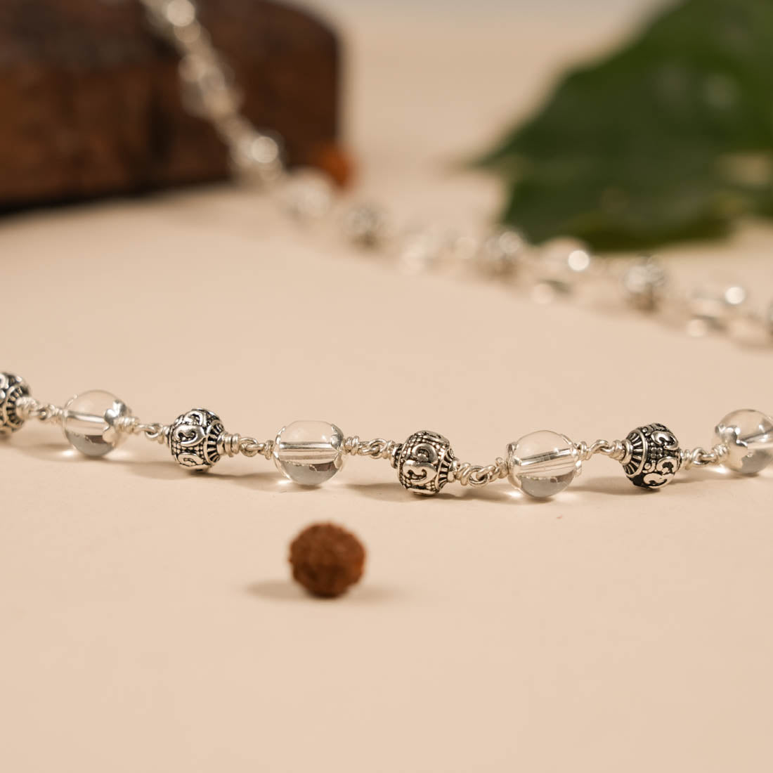 SPHATIK WITH OM SILVER BEADS MALA
