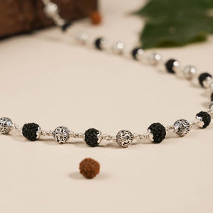 BLACK RUDRAKSHA WITH OM NAMAH SHIVAY SILVER BEADS MALA