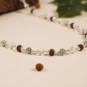 RUDRAKSHA WITH SPHATIK DIAMOND CUT AND OM SILVER BEADS MALA
