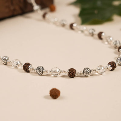 RUDRAKSHA WITH SPHATIK DIAMOND CUT AND OM SILVER BEADS MALA