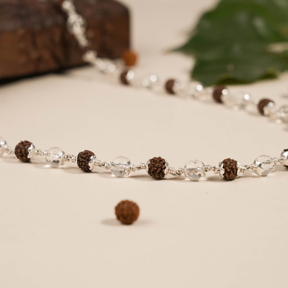 RUDRAKSHA WITH SPHATIK DIAMOND CUT BEADS SILVER MALA